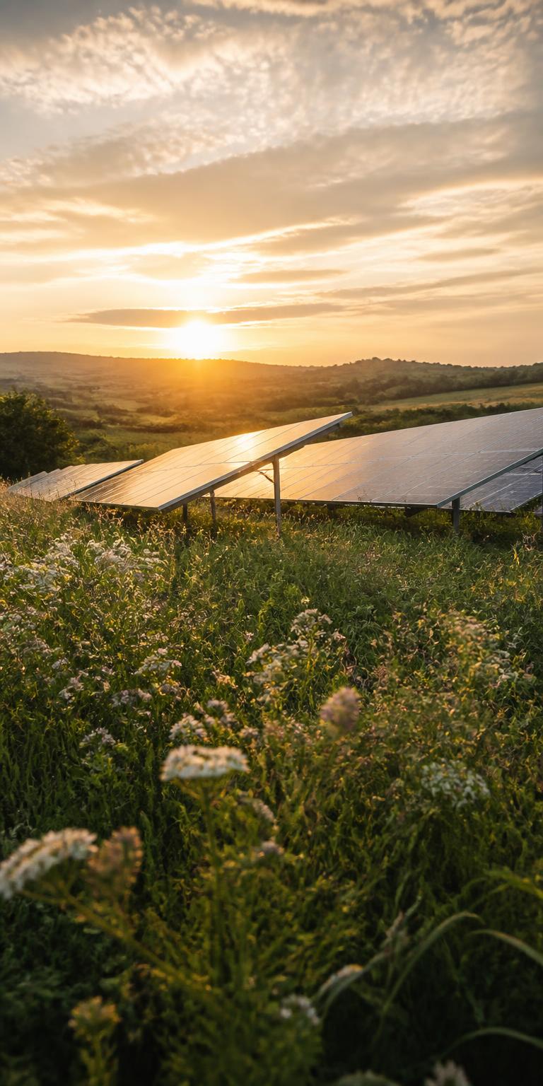Ground-mount solar panels nestled among wildflowers in a green British meadow at golden hour