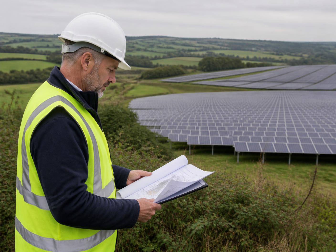 Site engineer in hard hat and high-visibility vest reviewing layout drawings beside a ground-mounted solar farm in the English countryside